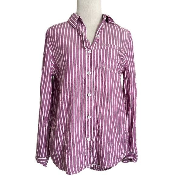 BeachLunchLounge Oversized Lightweight Stripe Button Down Top | Purple Stripe XS - Picture 1 of 5